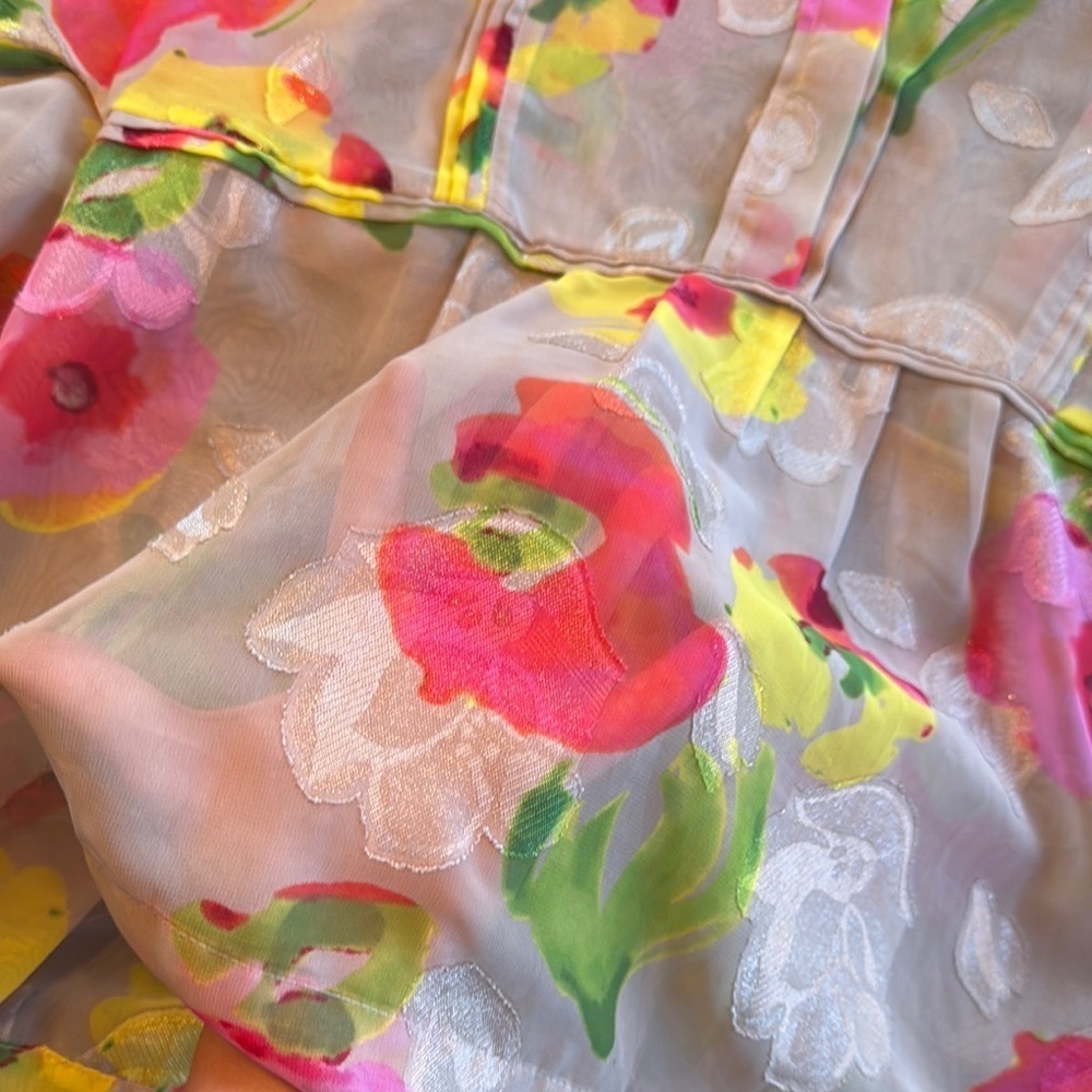 Apostrophe Pink and Yellow Blouse with V-Neck and Flared Waist - Picture 3 of 3